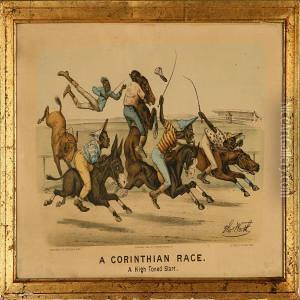 A Corinthian Race - A High Toned Start Oil Painting - Thomas B. Worth