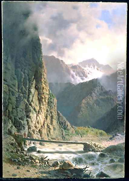 Plank bridge in a deep gorge in the Caucasus Mountains, c.1860 Oil Painting - Luigi (Ludwig Osipovich) Premazzi