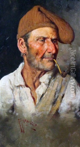 Pipe Smoker (+ Pipe Smoker's Wife; Pair) Oil Painting - Giuseppe Giardiello