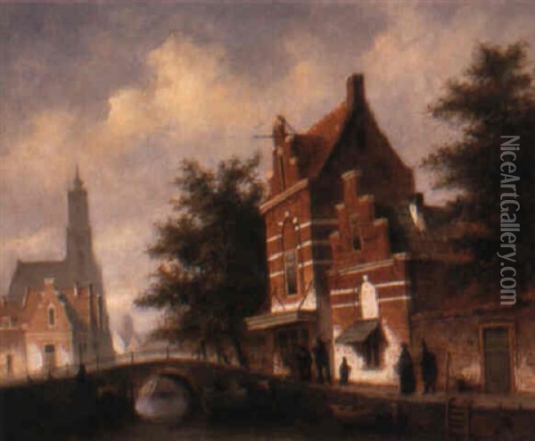 A Dutch Canal Town Oil Painting - Oene Romkes De Jongh