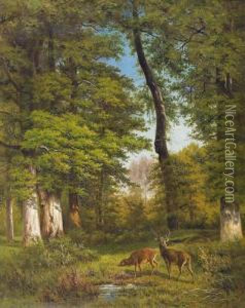 Asendes Damwildpaar Auf Einer Waldlichtung. Oil Painting - Jean-Louis Verdier