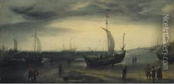 North Sea Beach With Fishing Pinks Coming Ashore And Larger Vessels Offshore Oil Painting - Cornelis Hendricksz. The Younger Vroom