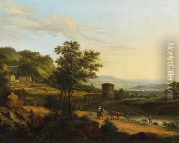 Vast Ideal Campagna Landscape Oil Painting - Johann Christian Vollerdt or Vollaert
