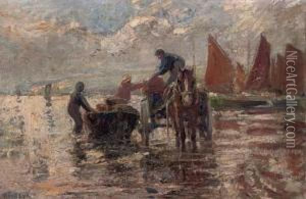 Unloading The Catch Oil Painting - Harry Filder