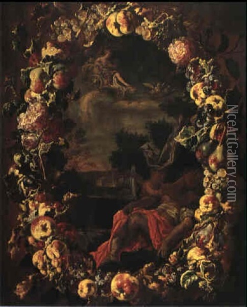 Vilande Och Triumferande Venus I Fruktkrans Oil Painting - Giovanni Paolo Castelli (lo Spadino)