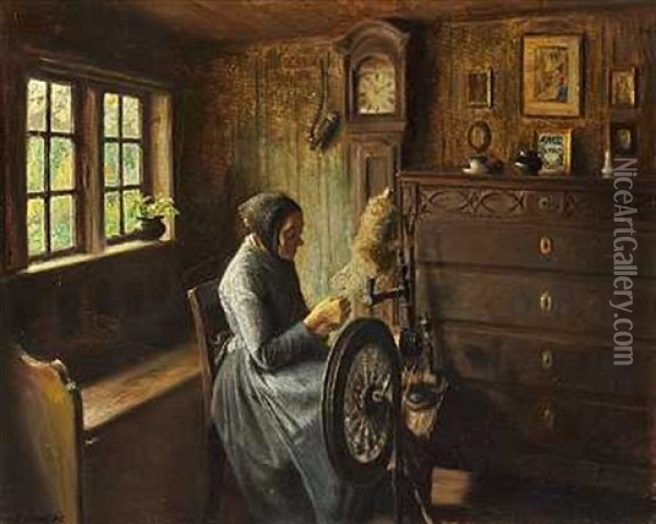Almueinterior Med Gammel Kone Ved Spinderokken Oil Painting - Carl Vilhelm Holsoe