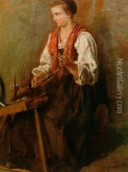 A Peasant Girl At A Spinning Wheel Oil Painting - Jozef Israels