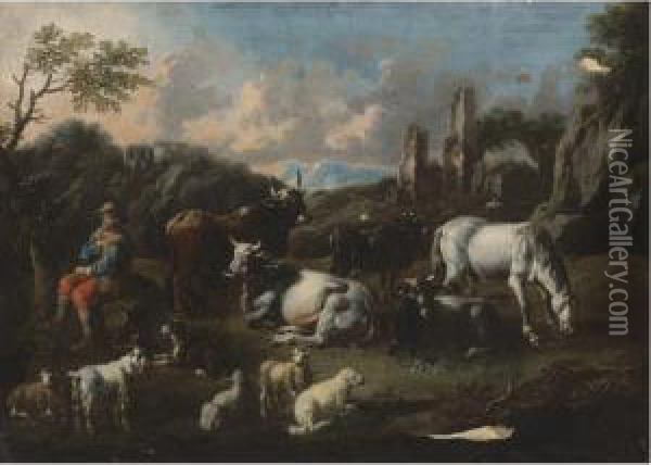 Italianate Landscape With A Herdsman Surrounded By His Cattle Oil Painting - Gaetano De Rosa