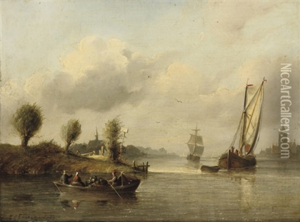 Boats In A Calm Near A Town Oil Painting - Christian Cornelis Kannemans