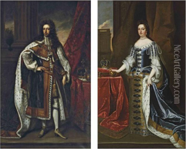 Portrait Of King William Iii , 
Full-length, In Robes Of State, Beside A Table With The Crown And Orb Oil Painting - Sir Godfrey Kneller