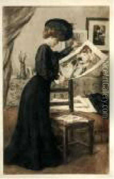 [woman Studying Prints] Oil Painting - Manuel Robbe