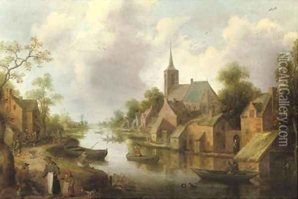 A river landscape with figures outside an inn and fishermen in boats, a town beyond Oil Painting - Joost Cornelisz. Droochsloot