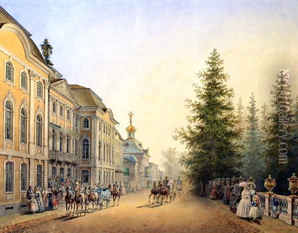 Court Departure at the Main Entrance of the Great Palace, 1852 Oil Painting - Vasili Semenovich Sadovnikov