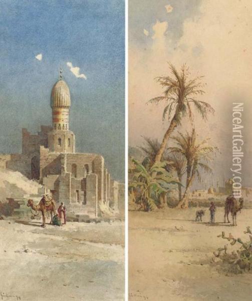 Mosques And Minarets In A Desert
 Town; And An Arab And Camel Beforea Mosque (both Illustrated) Oil Painting - Angelos Giallina