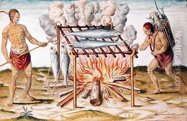 Cooking Fish, from Admiranda Narratio..., engraved by Theodore de Bry (1528-98) 1585-88 Oil Painting - John White