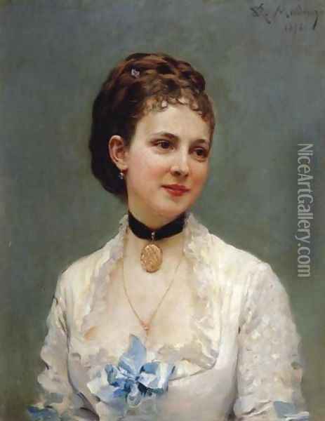 Young Lady with A Blue Ribbon (Joven con lazo azul) Oil Painting - Raimundo de Madrazo y Garreta