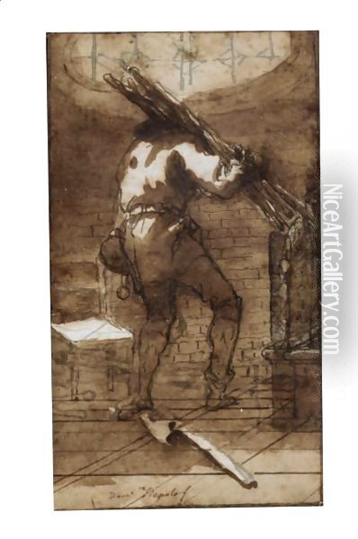 Etude D'Homme Portant Du Bois Dans Un Interieur Sombre Oil Painting - Giovanni Domenico Tiepolo