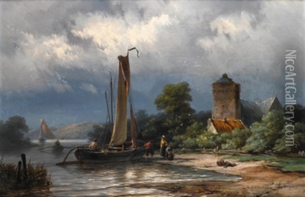 Landing On A River Oil Painting - Johannes Hermanus Barend Koekkoek