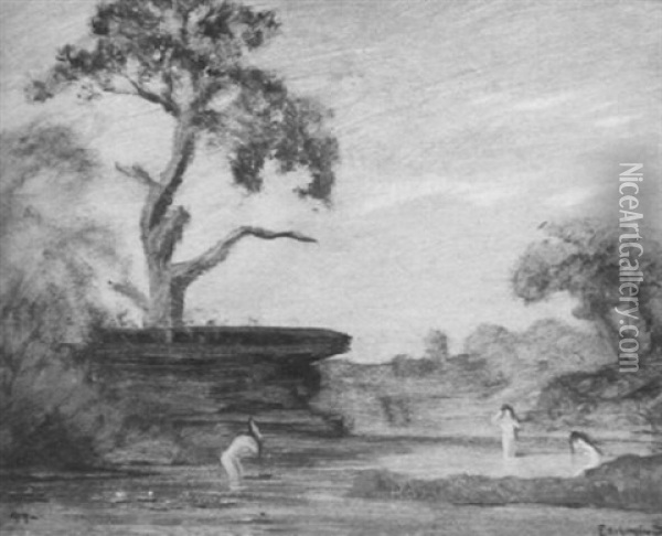 Bathers In A River Landscape Oil Painting - Louis Michel Eilshemius
