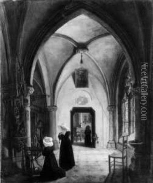 Betende Ordensschwestern In Einem Gotischen Klostergang Oil Painting - Matthias Joseph Gail