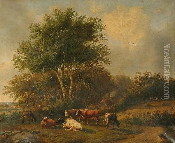 Cattle Grazing In A Wooded Landscape Oil Painting - Louis Pierre Verwee