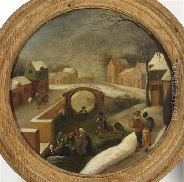 A Winter Scene With Skaters On A Frozen Canal In A Village Oil Painting - Jacob Grimmer