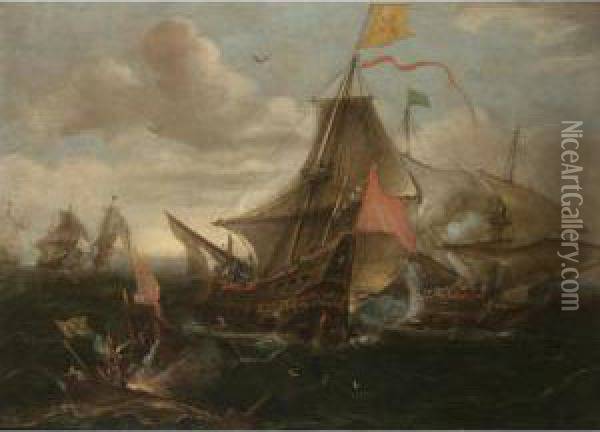 A Naval Engagement Between Spanish Men-o'-war And Turkish Galleys In Heavy Seas Oil Painting - Andries Van Eertvelt