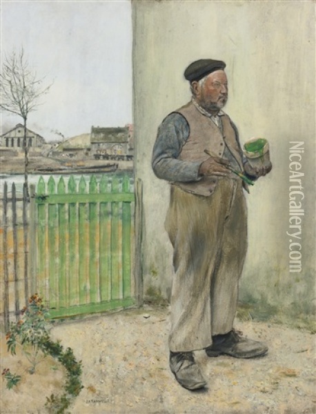 Bonhomme Venant De Peindre Sa Barriere (man Having Just Painted His Fence) Oil Painting - Jean Francois Raffaelli