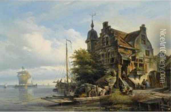 Figures Unloading A Ferry By A Tavern Oil Painting - Elias Pieter van Bommel
