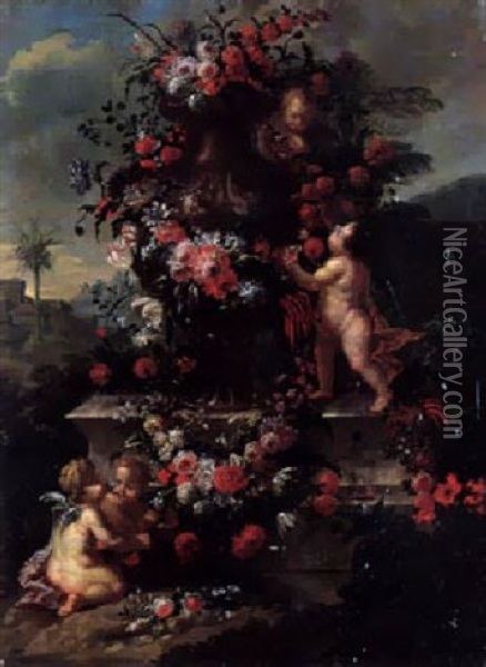 Blumenstilleben Mit Vase Und Putto Oil Painting - Jan-Baptiste Bosschaert