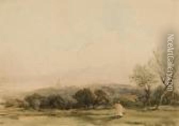 Landscape With Woman Wearing A Shawl Oil Painting - William Callow