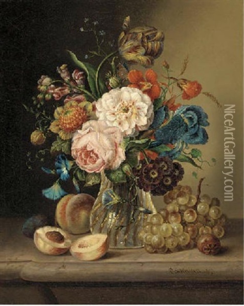 A Vase Of Mixed Flowers On A Marble Ledge Surrounded By Peaches, Grapes And Plums Oil Painting - Carl Schellein