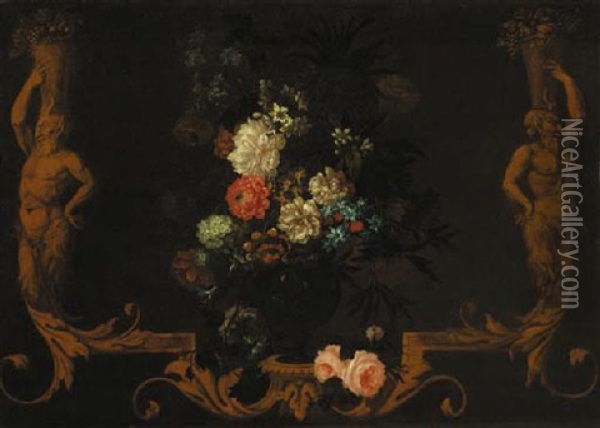 Carnations, Roses, Daffodils And Other Flowers In A Vase Within A Sculptured Frame Oil Painting - Nicholas Rocoeur