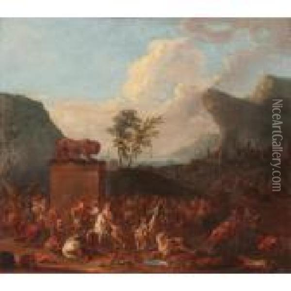 A Cavalry Battle Before A Mediterranean Port Oil Painting - Karel Van Breydel (Le Chevalier)