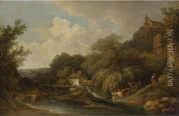 Watermill With Pond, Cows, Dogs And Figures Oil Painting - Philip Jacques de Loutherbourg