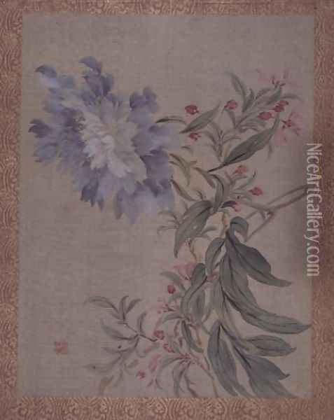 Blossom and a flower, from an album of twelve studies of flowers, birds and fish Oil Painting - Tsubaki Chinzan
