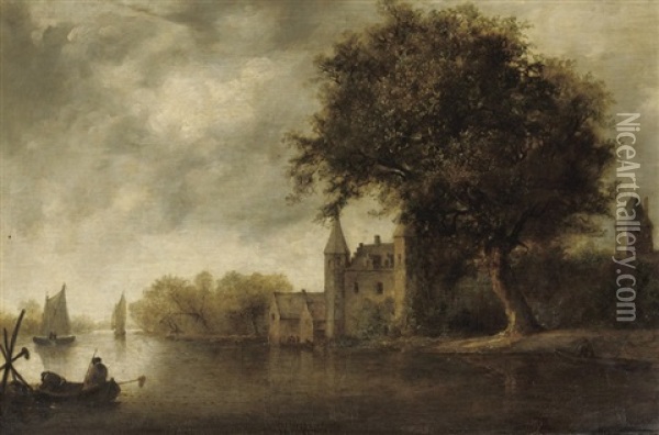 A Wooded River Landscape With Sailing Vessels, A Castle Nearby Oil Painting - Frans de Hulst