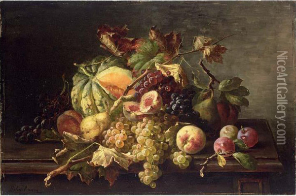 A Still Life With Grapes, Peaches, Prunes And A Pumpkin All On A Wooden Ledge Oil Painting - Franz Hohenberger