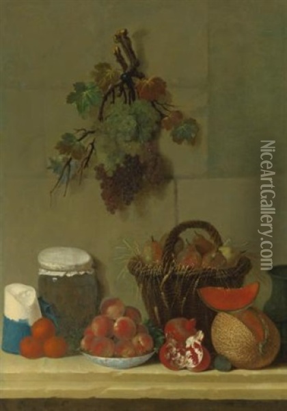 A Still Life With A Wheat Lined Basket Of Pears, A Jug, A Melon, A Bowl Of Peaches, Oranges, Cheese And A Jar Of Cherries On A Ledge, Bunches Of Grapes Hanging Above Oil Painting - Jacques Charles Oudry