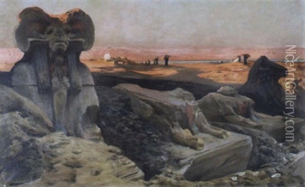 L'allee Des Beliers Du Temple De Karnak Oil Painting - Georges Jules Victor Clairin