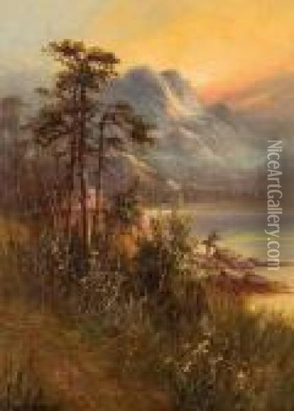 Lake In Scotch Mountains Oil Painting - Alfred de Breanski