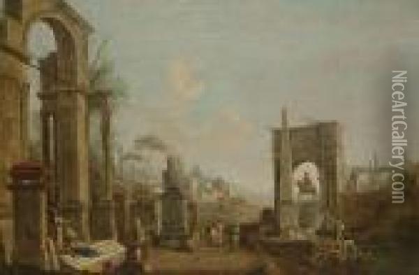 A Capriccio Of Roman Ruins With Sightseers Oil Painting - Marco Ricci