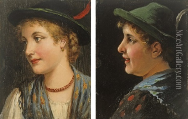 Portraits Of A Tyrolean Girls; Pair) Oil Painting - Carl Ostersetzer