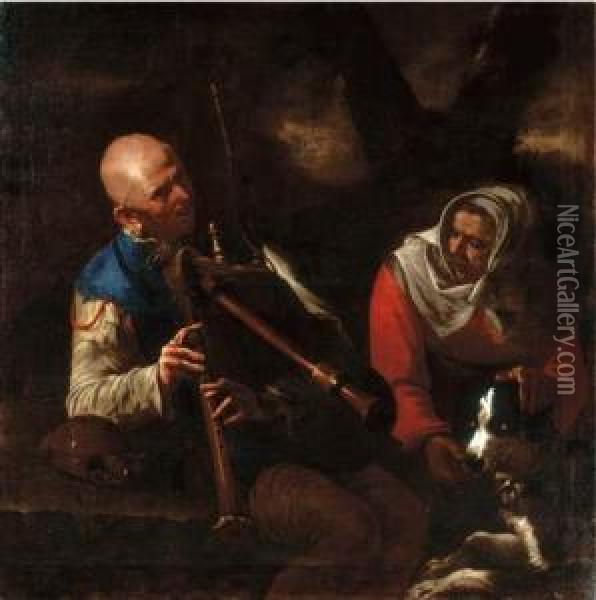 A Peasant Playing A Bagpipe And An Old Woman Listening With Adog Oil Painting - Pietro Paolini