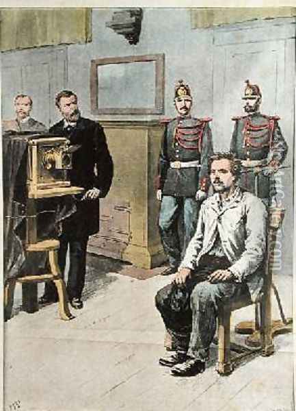 Professor Bertillon photographing Georges Henri Sautton, murderer of Louis Martin at Choisy-le-Roi illustration from Le Petit Journal May 1899 Oil Painting - Meyer, Hans