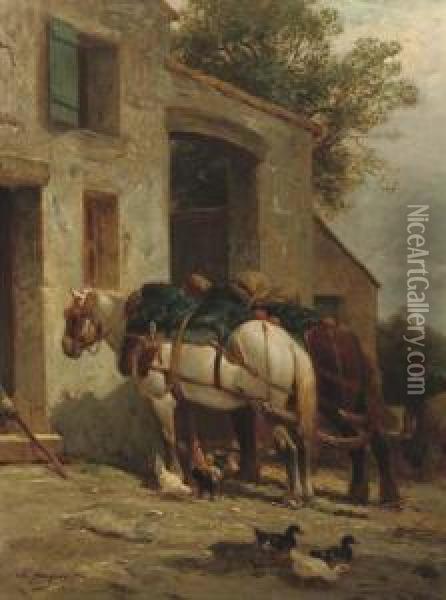 Outside The Stable Oil Painting - Charles Jacques
