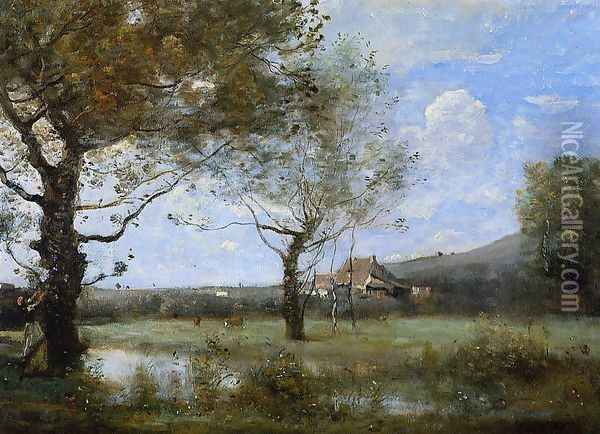 Meadow with Two Large Trees Oil Painting - Jean-Baptiste-Camille Corot