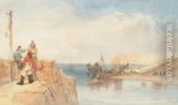 Figures On A Jetty Watching The Building Of A Boat Oil Painting - James Baker Pyne