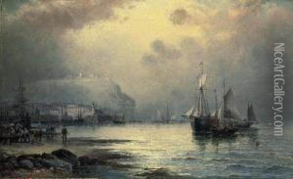 Fishing Vessels Off Scarborough At Dusk Oil Painting - William A. Thornley Or Thornber