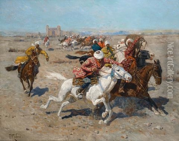 Playing Kokpar Oil Painting - Franz Roubaud